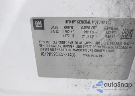 2012 Chevrolet Cruze Ltz z USA, uszkodzony, nr VIN 1G1PH5SC0C7337400